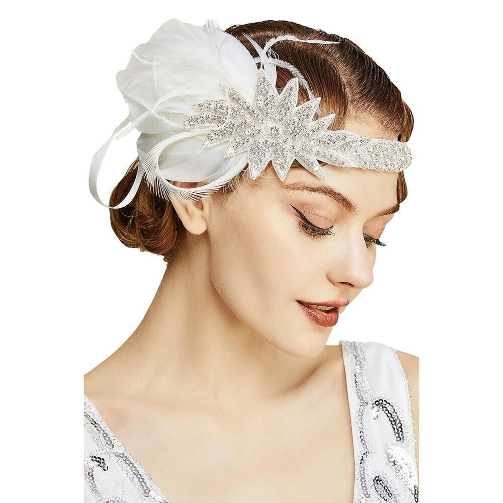 Vintage 1920s Flapper Headband Feather Crystal Gatsby Women Accessory